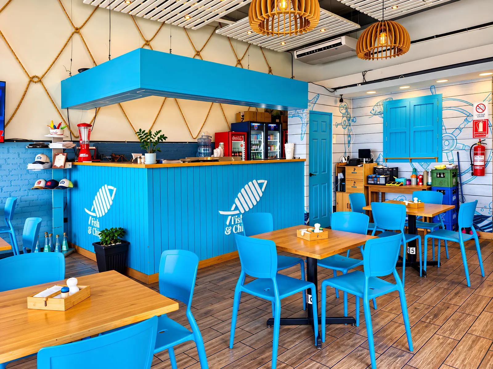 Interior del restaurante Fish & Chips, con mesas de madera y sillas azules